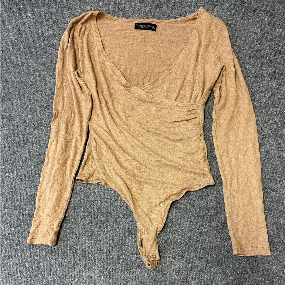 Abercrombie & Fitch Bodysuit Womens Size M Tan Soft Cozy Wrap Front Long Sleeve